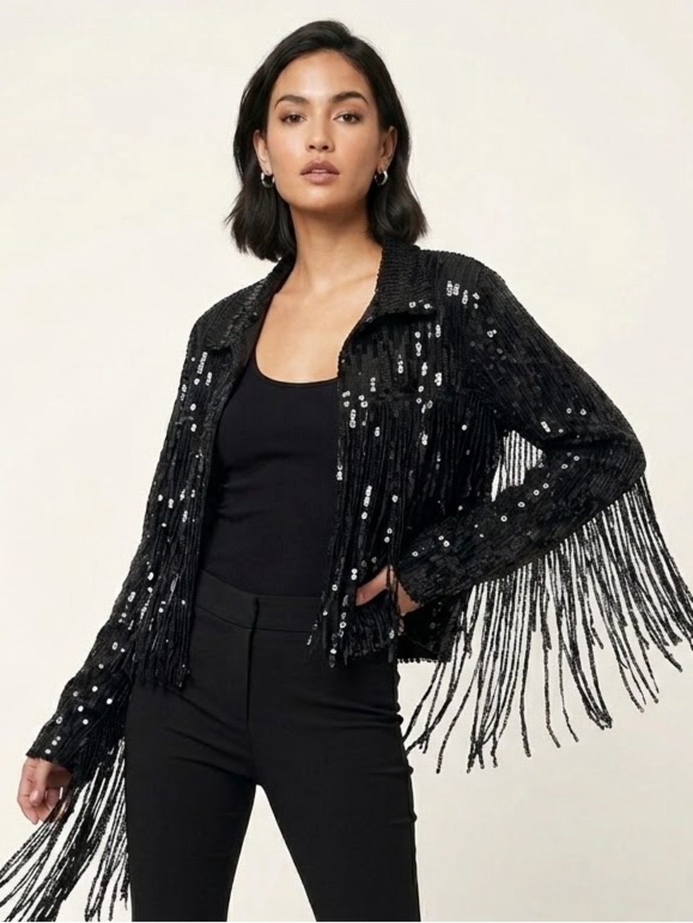 Blue Buttercup Sequin Fringe Jacket Black Size Small Statement Festival Western